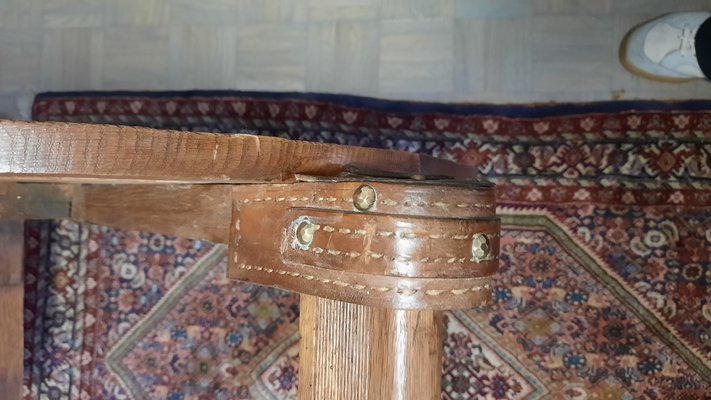 Round Oak and Leather Coffee Table attributed to Jacques Adnet, 1950s-EAI-1398322