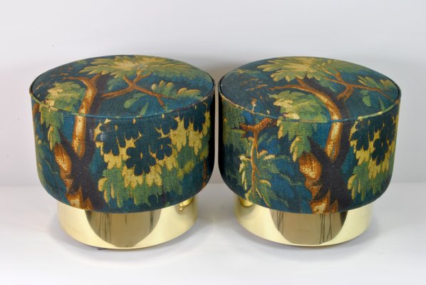 Round Poufs with Brass Bases and New Fabric, Italy, 1970s, Set of 2-WFB-1063844