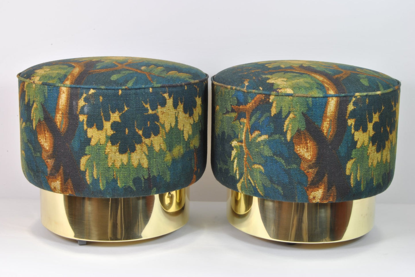 Round Poufs with Brass Bases and New Fabric, Italy, 1970s, Set of 2