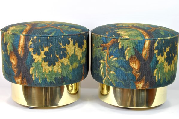 Round Poufs with Brass Bases and New Fabric, Italy, 1970s, Set of 2-WFB-1063844