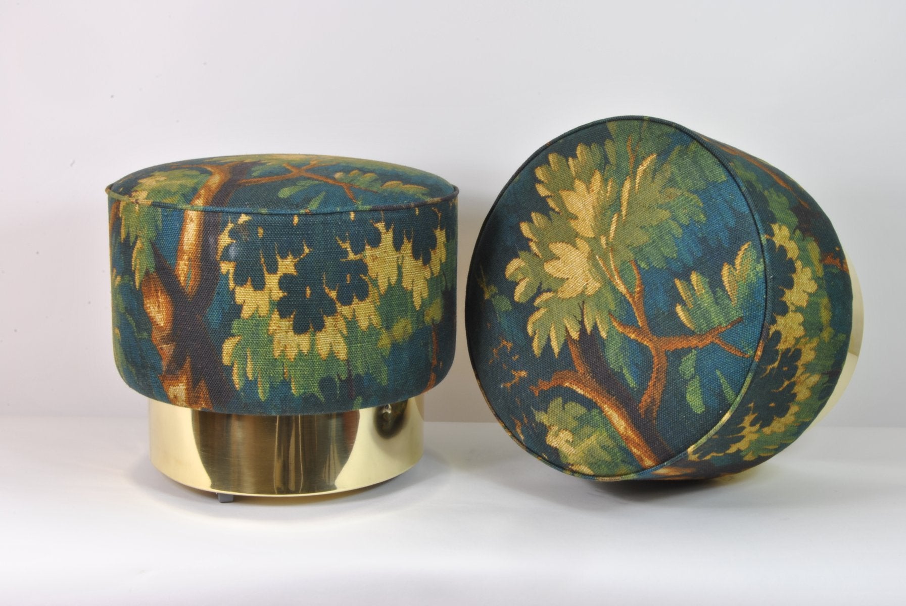 Round Poufs with Brass Bases and New Fabric, Italy, 1970s, Set of 2