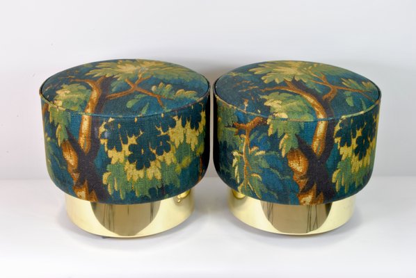 Round Poufs with Brass Bases and New Fabric, Italy, 1970s, Set of 2-WFB-1063844