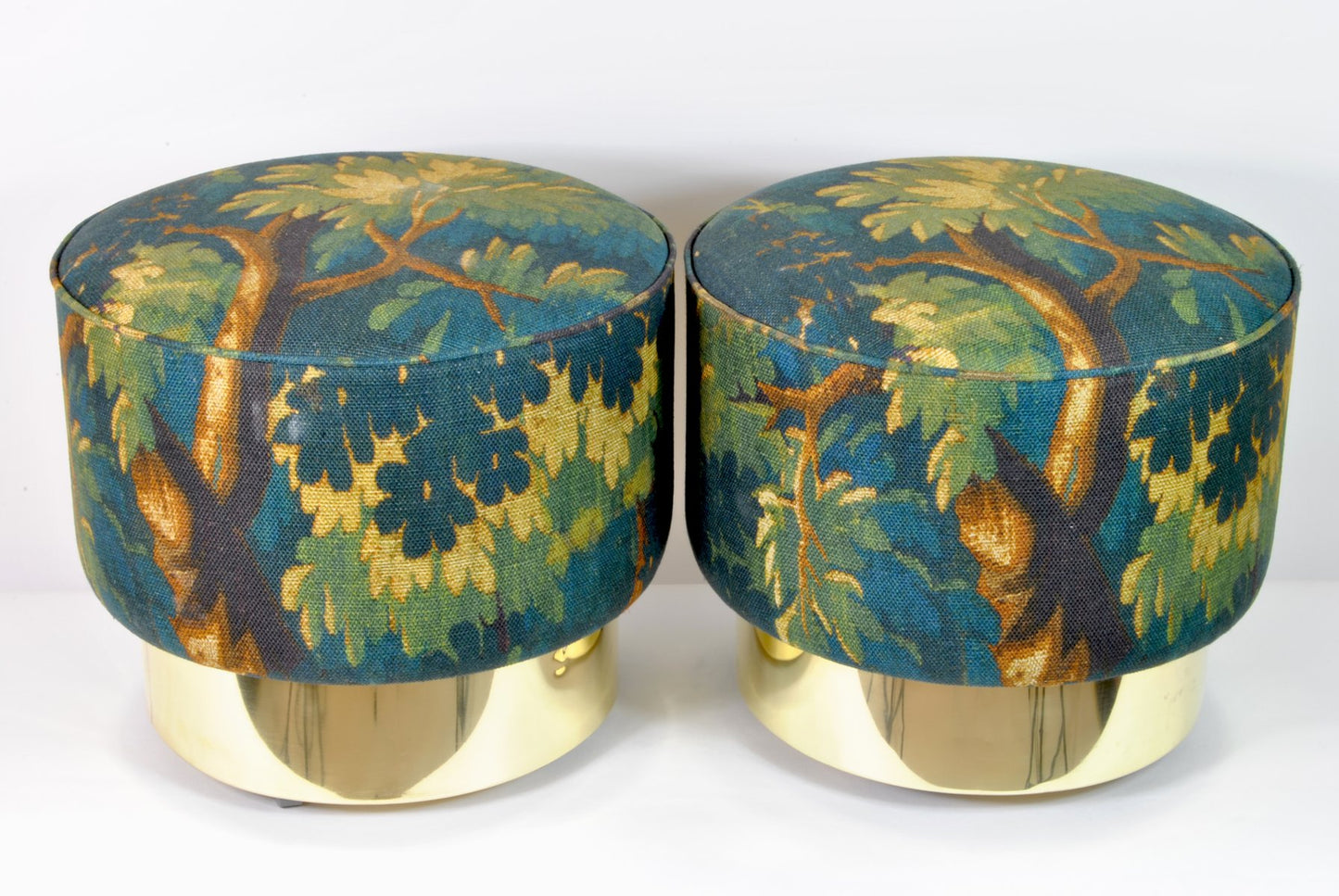 Round Poufs with Brass Bases and New Fabric, Italy, 1970s, Set of 2