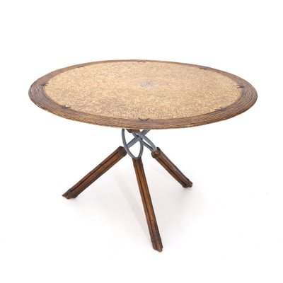 Round Rattan, Leather and Metal Table by Ramon Castellanos for Kalma, 1980s-EZ-987917