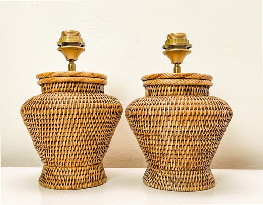 Round Rattan Table Lamps in Coastal Style, 1980s, Set of 2-WZZ-1721806