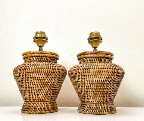 Round Rattan Table Lamps in Coastal Style, 1980s, Set of 2-WZZ-1721806