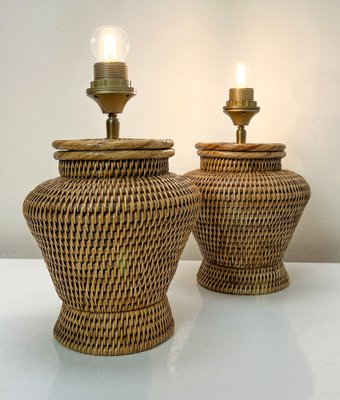 Round Rattan Table Lamps in Coastal Style, 1980s, Set of 2-WZZ-1721806