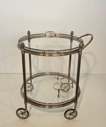 Round Rolling Table in Silver Brass from Maison Baguès, 1940s