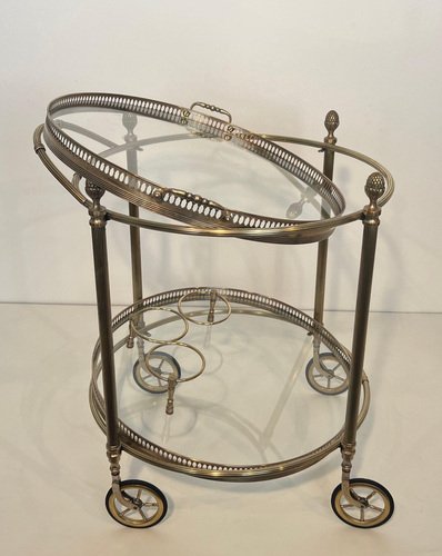 Round Rolling Table in Silver Brass from Maison Baguès, 1940s