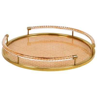 Round Serving Tray in Acrylic Glass, Rattan and Brass in the style of Christian Dior, Italy, 1970s-LYQ-1740754