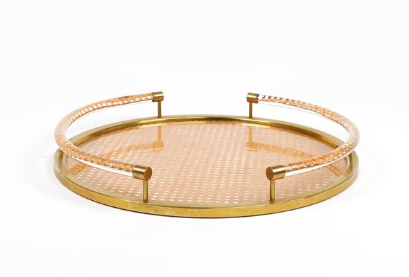 Round Serving Tray in Acrylic Glass, Rattan and Brass in the style of Christian Dior, Italy, 1970s-LYQ-1740754