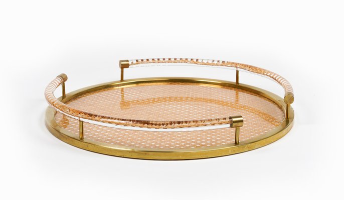 Round Serving Tray in Acrylic Glass, Rattan and Brass in the style of Christian Dior, Italy, 1970s-LYQ-1740754