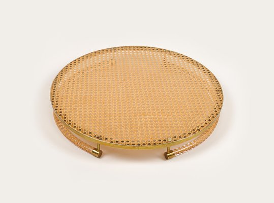 Round Serving Tray in Acrylic Glass, Rattan and Brass in the style of Christian Dior, Italy, 1970s-LYQ-1740754