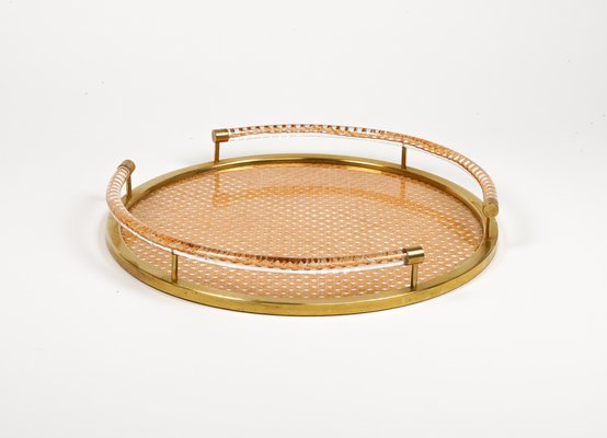 Round Serving Tray in Acrylic Glass, Rattan and Brass in the style of Christian Dior, Italy, 1970s-LYQ-1740754