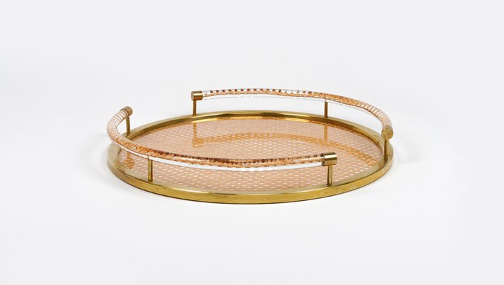 Round Serving Tray in Acrylic Glass, Rattan and Brass in the style of Christian Dior, Italy, 1970s-LYQ-1740754