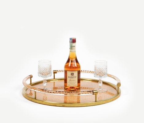 Round Serving Tray in Acrylic Glass, Rattan and Brass in the style of Christian Dior, Italy, 1970s-LYQ-1740754