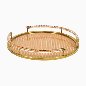 Round Serving Tray in Acrylic Glass, Rattan and Brass in the style of Christian Dior, Italy, 1970s-LYQ-1740754