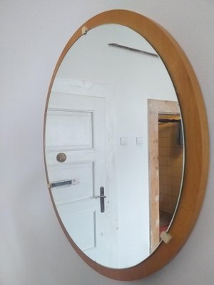 Round Teak Veneer Wall Mirror, Denmark, 1960s-TZ-820574