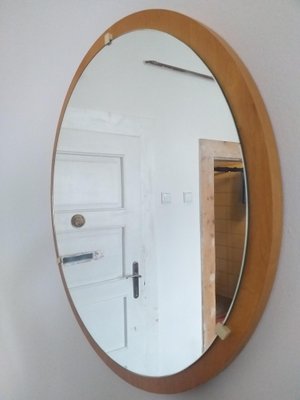 Round Teak Veneer Wall Mirror, Denmark, 1960s-TZ-820574