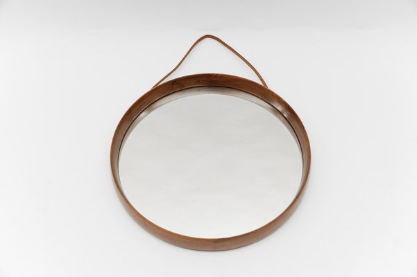 Round Wall Mirror in Teak and Leather, Sweden, 1960s-KQB-1764471