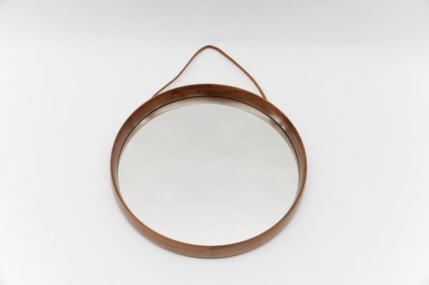 Round Wall Mirror in Teak and Leather, Sweden, 1960s-KQB-1764471