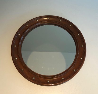 Round Wooden Mirror with Brass Details, 1950s-BA-1365330