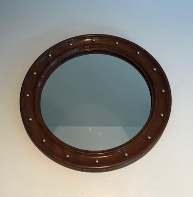 Round Wooden Mirror with Brass Details, 1950s-BA-1365330