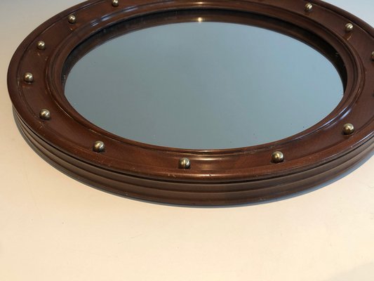 Round Wooden Mirror with Brass Details, 1950s-BA-1365330