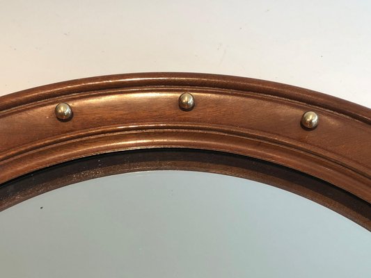 Round Wooden Mirror with Brass Details, 1950s-BA-1365330