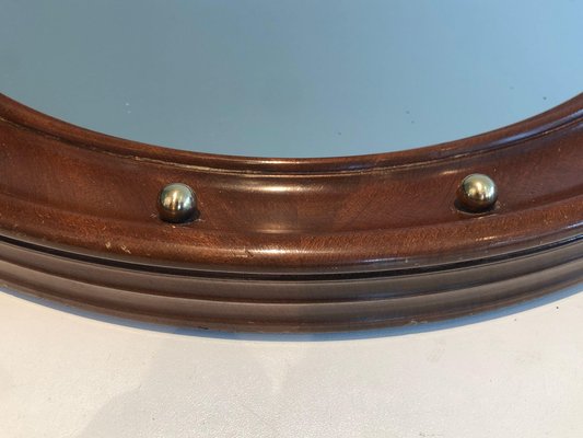 Round Wooden Mirror with Brass Details, 1950s-BA-1365330