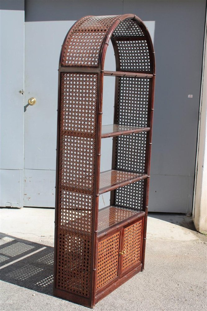 Rounded Bookcase Shelf in Wood and Straw, Italy, 1960s