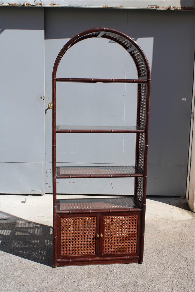 Rounded Bookcase Shelf in Wood and Straw, Italy, 1960s