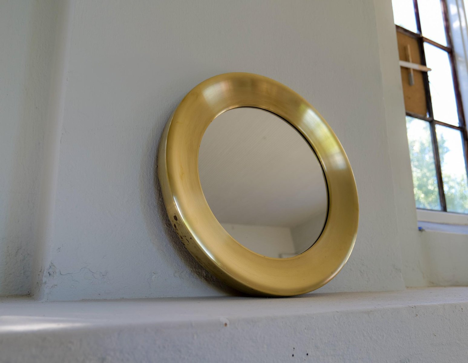 Rounded Brass Mirror attributed to Glasmäster, Sweden, 1960s