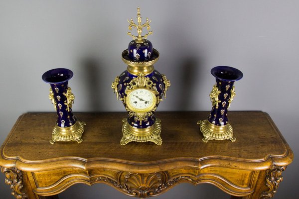 Royal Blue Mantle Clock Set from Boch Frères Keramis, 1920s, Set of 3-KEG-579025