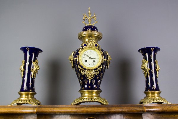 Royal Blue Mantle Clock Set from Boch Frères Keramis, 1920s, Set of 3-KEG-579025