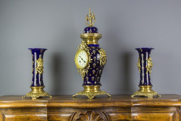 Royal Blue Mantle Clock Set from Boch Frères Keramis, 1920s, Set of 3-KEG-579025