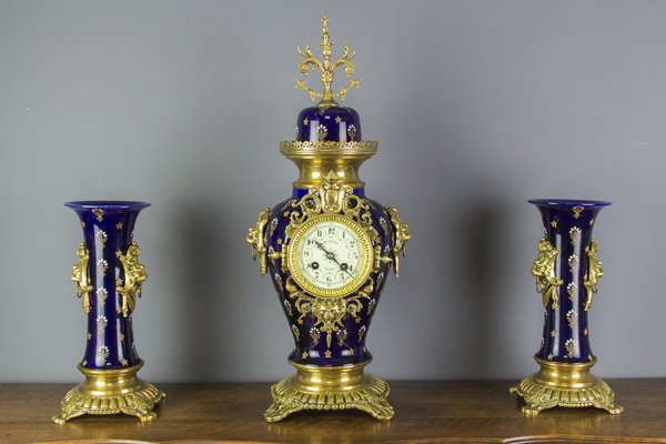 Royal Blue Mantle Clock Set from Boch Frères Keramis, 1920s, Set of 3-KEG-579025