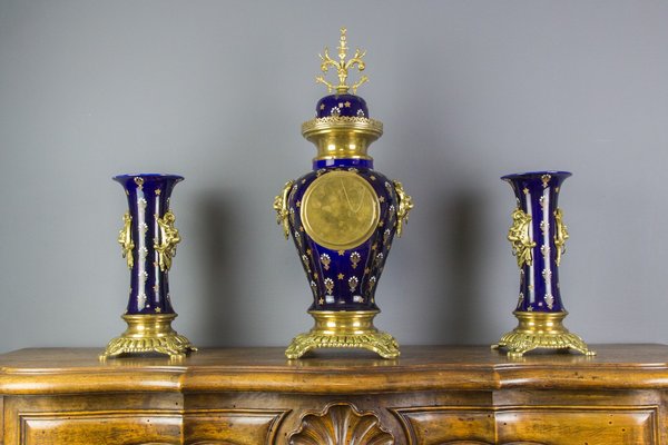 Royal Blue Mantle Clock Set from Boch Frères Keramis, 1920s, Set of 3-KEG-579025