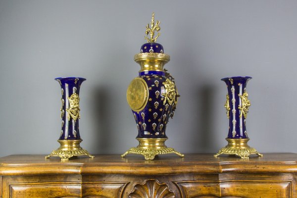 Royal Blue Mantle Clock Set from Boch Frères Keramis, 1920s, Set of 3-KEG-579025