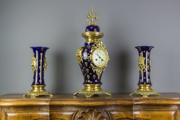 Royal Blue Mantle Clock Set from Boch Frères Keramis, 1920s, Set of 3-KEG-579025