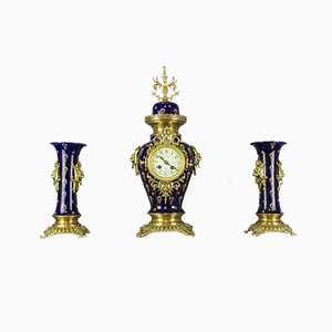 Royal Blue Mantle Clock Set from Boch Frères Keramis, 1920s, Set of 3-KEG-579025