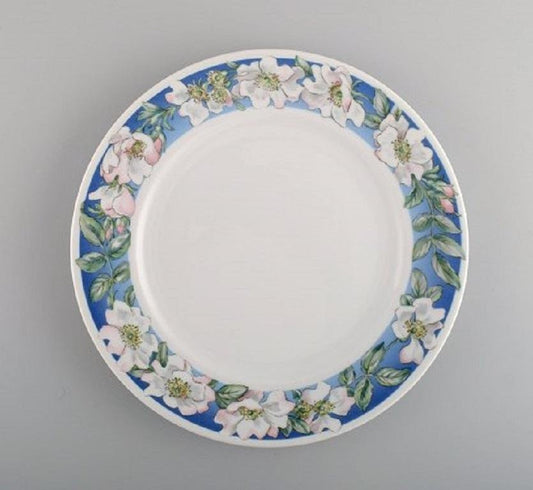 Royal Copenhagen White Rose Dinner Plates with Blue Border and White Flowers, Set of 4