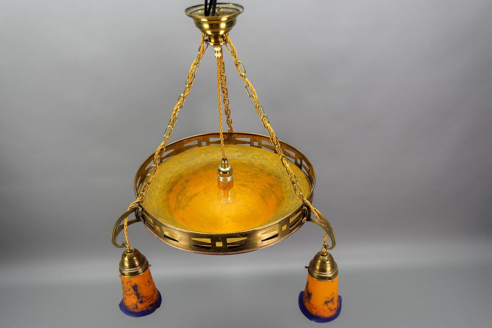 rt Nouveau French Brass Chandelier with Pâte De Verre Glass by Noverdy, 1920s