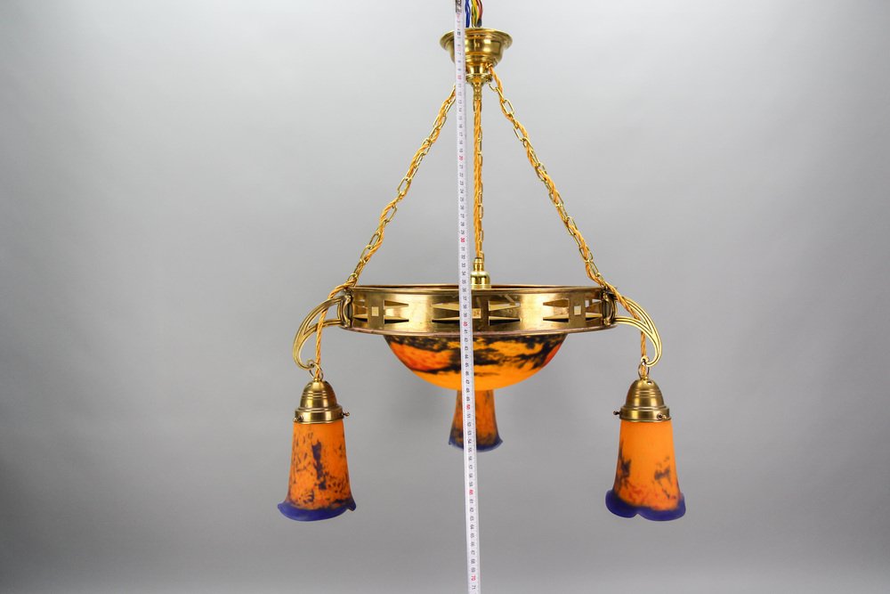 rt Nouveau French Brass Chandelier with Pâte De Verre Glass by Noverdy, 1920s