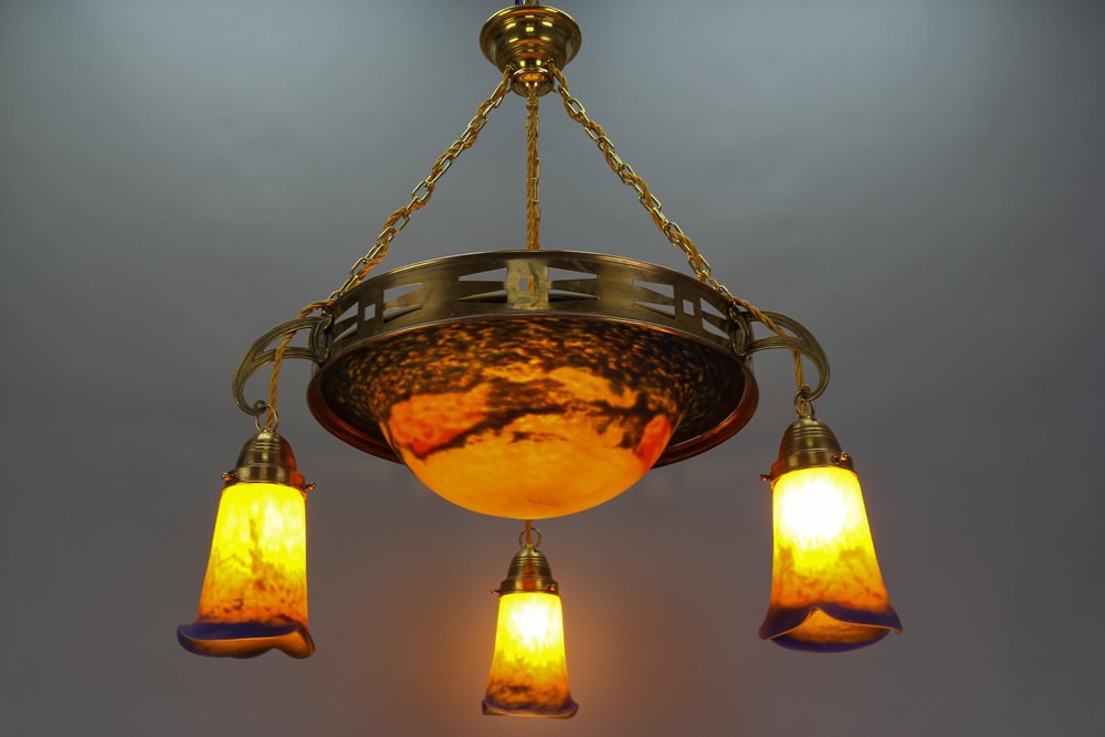 rt Nouveau French Brass Chandelier with Pâte De Verre Glass by Noverdy, 1920s