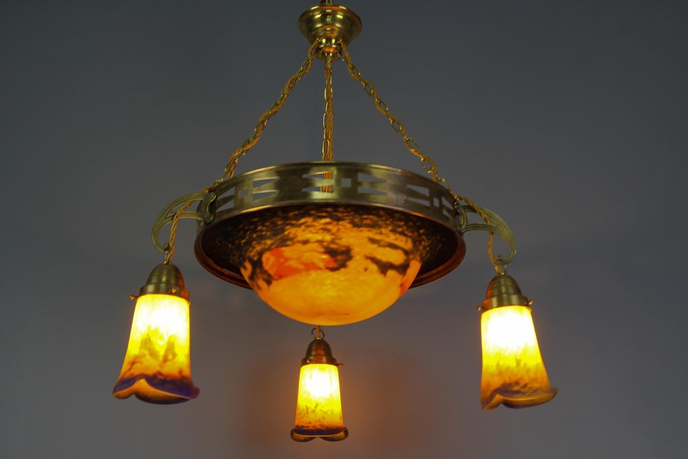 rt Nouveau French Brass Chandelier with Pâte De Verre Glass by Noverdy, 1920s