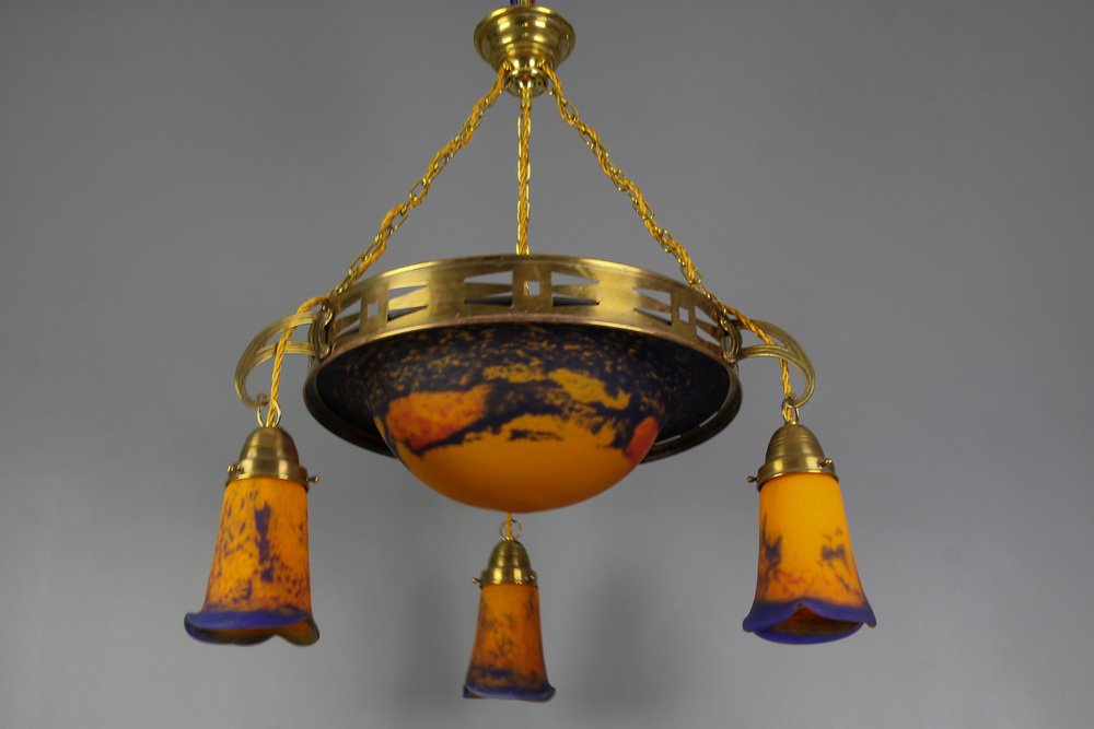 rt Nouveau French Brass Chandelier with Pâte De Verre Glass by Noverdy, 1920s