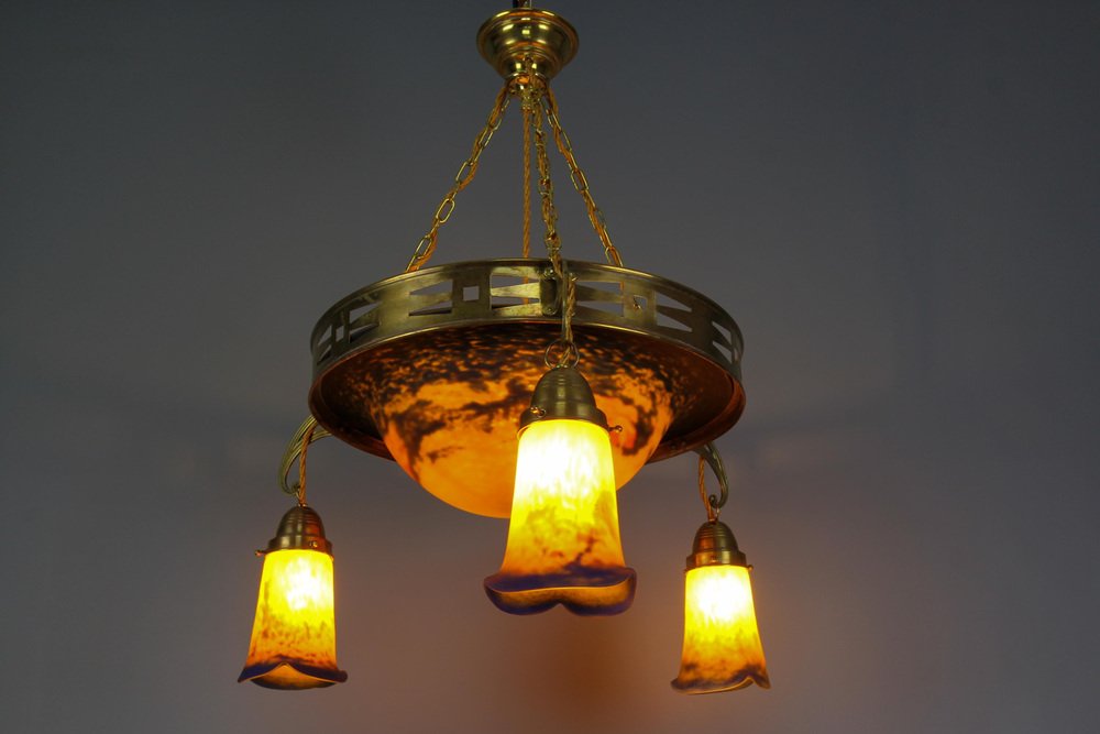 rt Nouveau French Brass Chandelier with Pâte De Verre Glass by Noverdy, 1920s