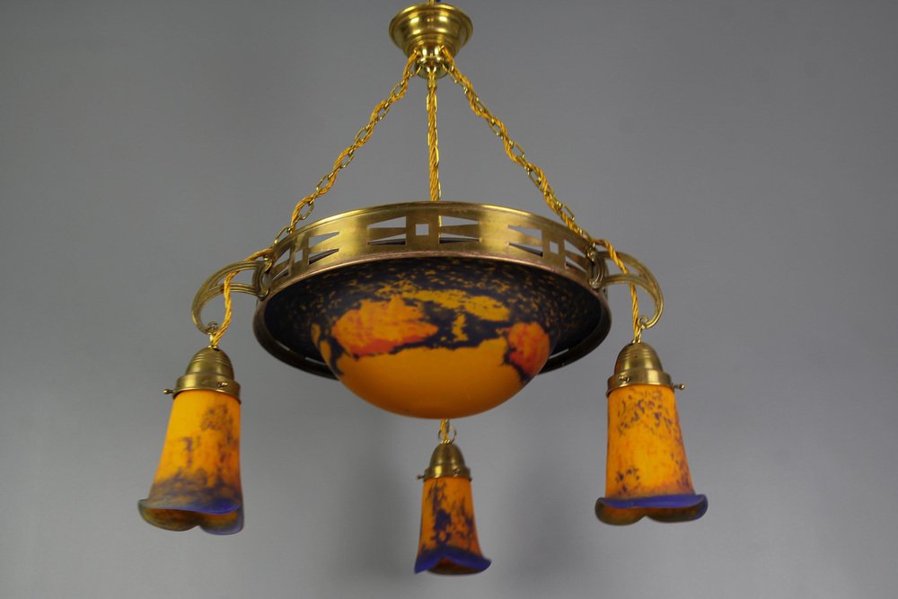 rt Nouveau French Brass Chandelier with Pâte De Verre Glass by Noverdy, 1920s