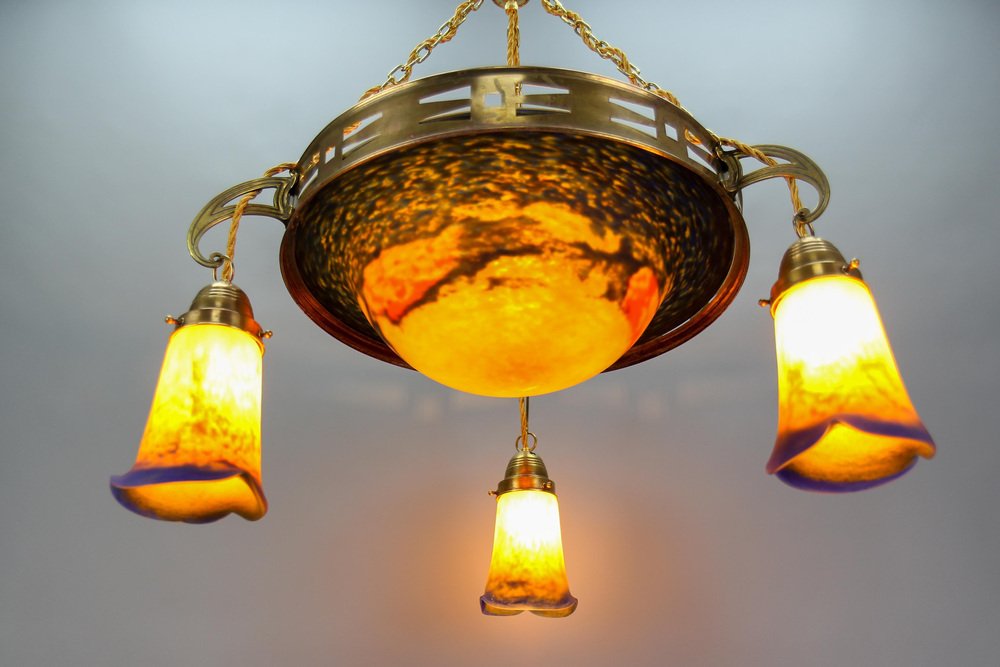 rt Nouveau French Brass Chandelier with Pâte De Verre Glass by Noverdy, 1920s